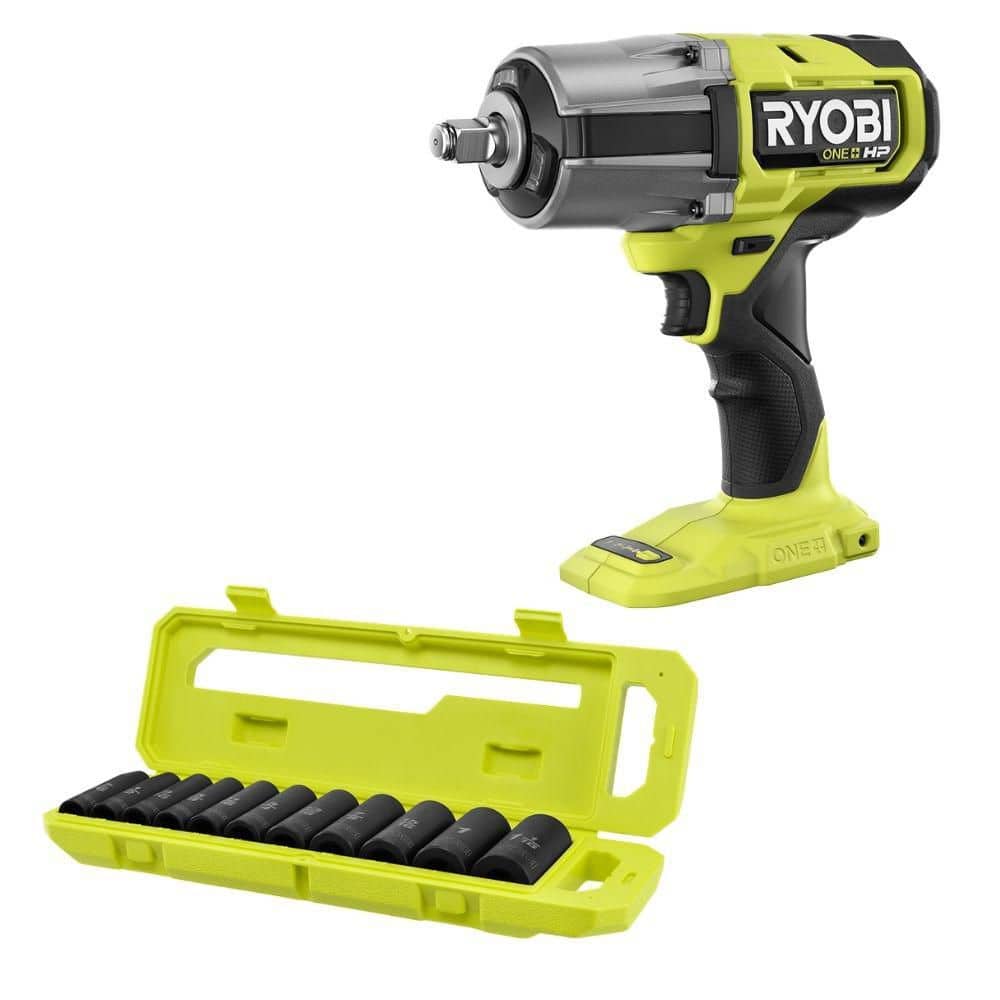 RYOBI ONE+ HP 18V Brushless Cordless 1/2 in Impact Wrench (Tool Only) with 1/2 in. SAE Deep Impact Socket Set (11-PC.) (PBLIW25BRHMTIS3)