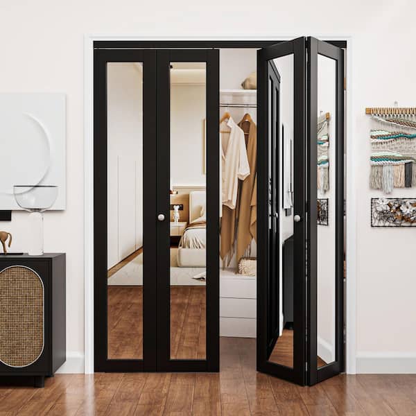 64 in. x 80 in. 1-Lite Mirrored Glass and Solid Core Black Finished Close MDF Bi-Fold Door with Hardware