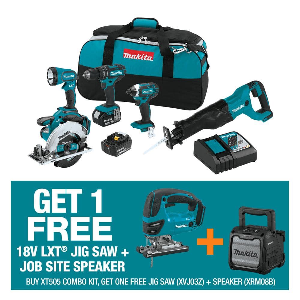 18V LXT Lithium-Ion Cordless Combo Kit (5-Tool) w/bonus 18V LXT Jigsaw 18V LXT/12V max CXT Bluetooth Job Site Speaker -  Makita, XT505XVJ03XRM08