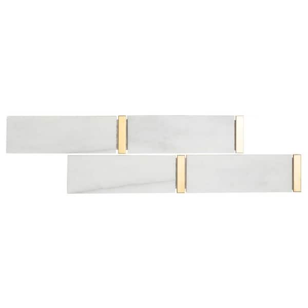 Giorbello White 1.25 in. x 11.75 in. Marble and Gold Trim Subway Tile 1Sample