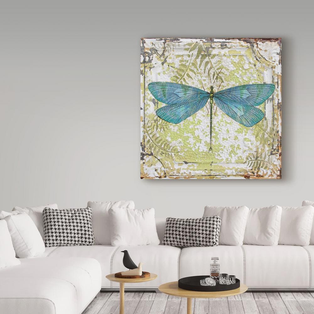 Blue Dragonfly on Green Tin Tile Canvas Art 18'' x 18''