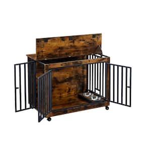 Dog Crate Side Table With Feeding Bowl, Wheels, 3-Doors, Flip-Up Top Opening for Small to Medium Dog