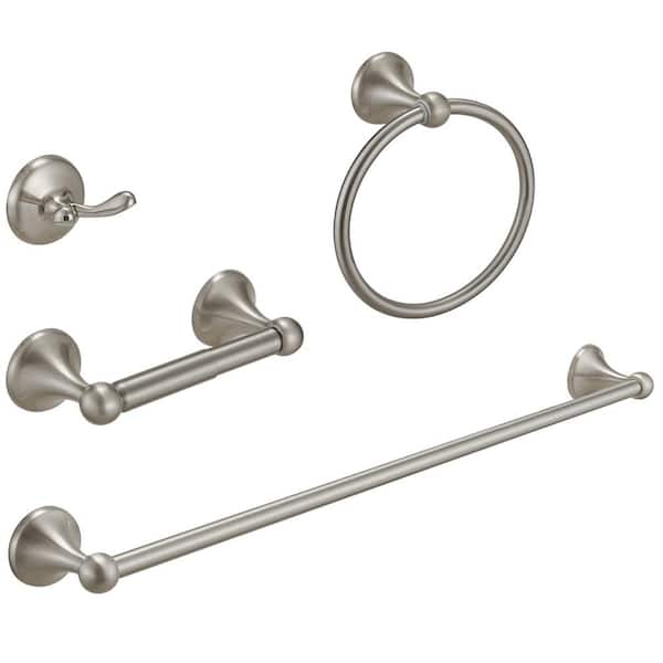 4-Piece Bath Hardware Set with Towel Bar Towel Hook Toilet Paper Holder and Towel Ring Set in Brushed Nickel