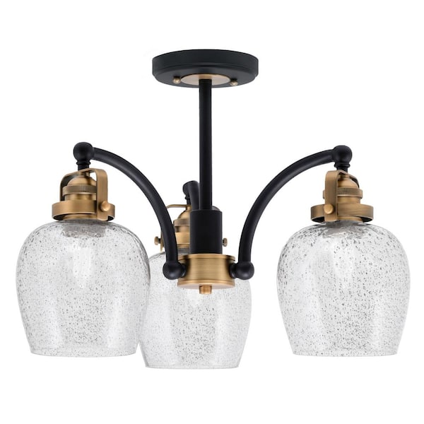 Unbranded Decatur 16.5 in. 3-Light Black and Brass Semi-Flush with 6 in. Smoke Bubble Glass Shade No Bulbs Included
