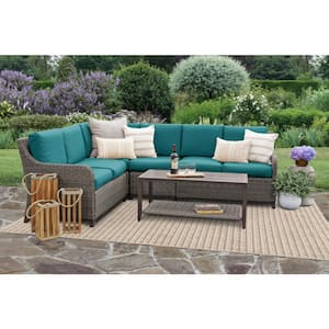 Mitchell 5-Piece Wicker Outdoor Sectional Seating Set with Peacock Polyester Cushions