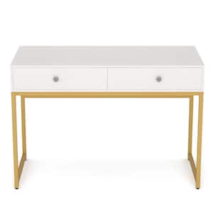 Modern 47.24" Rectangle White and Gold Particle board 2 Drawers Writing Desk Computer Desk