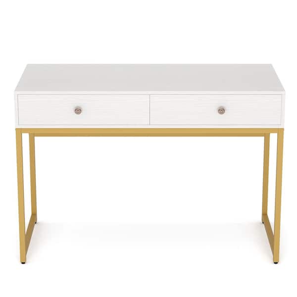 BYBLIGHT Modern 47.24" Rectangle White and Gold Particle board 2 Drawers Writing Desk Computer Desk