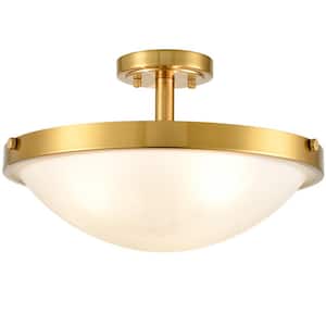 18.2 in. 3-Light Gold Modern Semi-Flush Mount with Frosted Glass Shade and No Bulbs Included 1-Pack