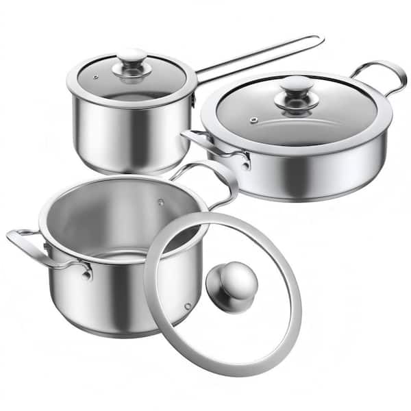 Silver 6 Piece Stainless Steel Nonstick Cookware Set, All Stove Compatible Kitchen Cooking Pots Set with Glass Lids