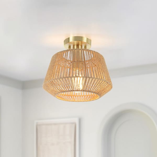Prime Ray Cove 11 in. 1-Light Artisanal Handwoven Semi-Flush Mount with Brass Finish - Elegantly Versatile