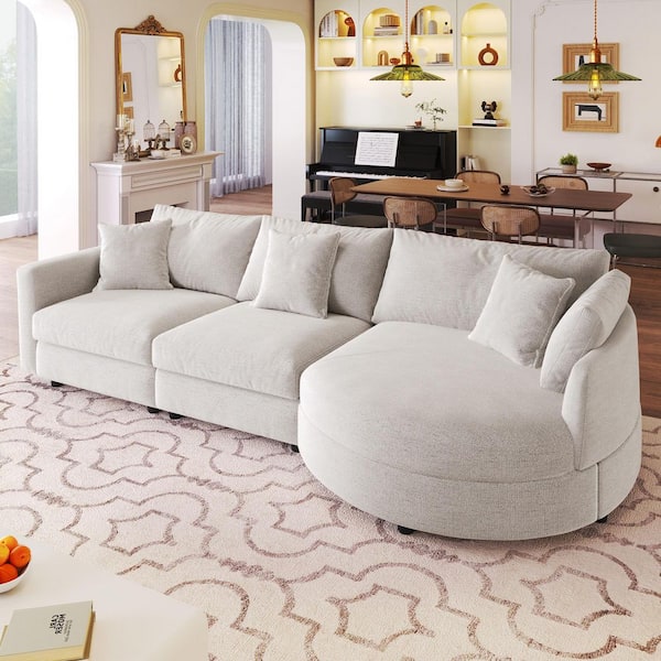 111.4 in. Square Arm Polyester Sectional Sofa with 3-Pillows and Curved Seat in Beige