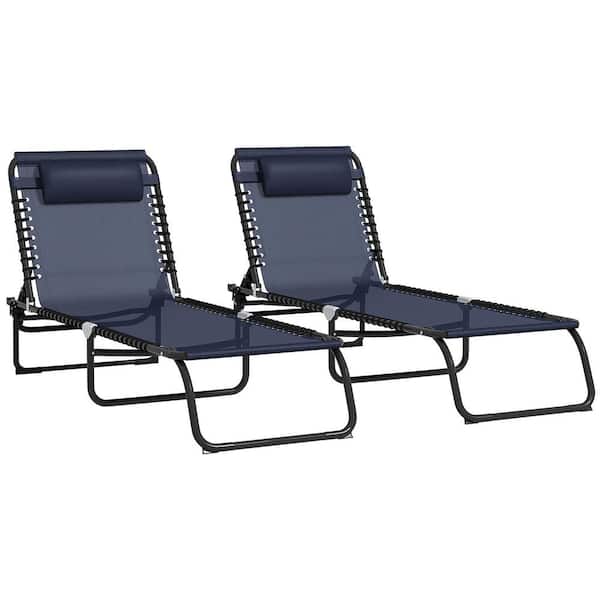 Unbranded Dark Blue 2-Piece Metal Outdoor Chaise Lounge Pool Chair with Reclining Back, Pillow, Breathable Mesh and Bungee Seat