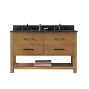 Windwood 54 in. W x 22 in. D x 34 in. H Bath Vanity in Natural with Blue Limestone Vanity Top with White Basins