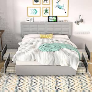 Upholstered Bed with 4-Drawers, Full Bed Frame, Light Gray Platform Bed with Headboard, Built-in USB and Type C Ports