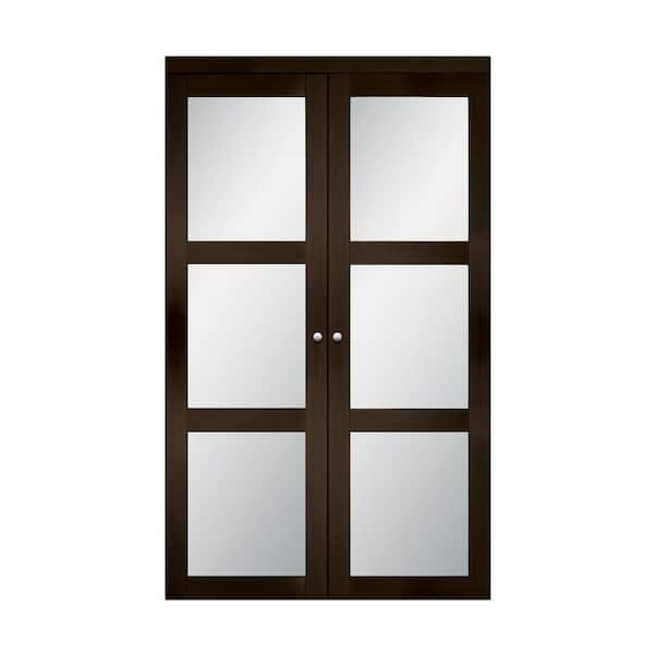 TRUporte 36 in. x 80.25 in. Espresso 3 Lite Tempered Frosted Glass MDF Interior French Door
