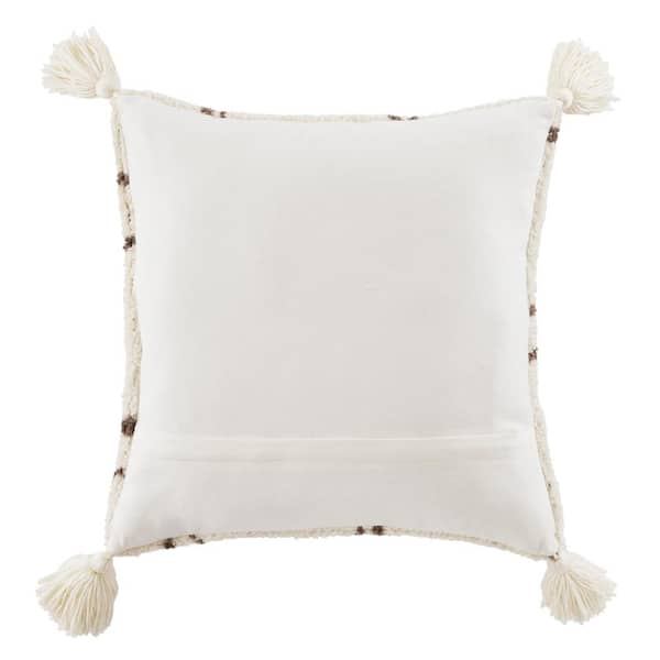 Dakota Fields 18 x 18 Square Polycotton Handwoven Accent Throw Pillow,  Fringed, Sequins, Chevron Design, Off White
