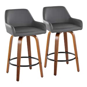 Daniella 25.5 in. Grey Faux Leather, Walnut Wood and Black Metal Fixed-Height Counter Stool (Set of 2)