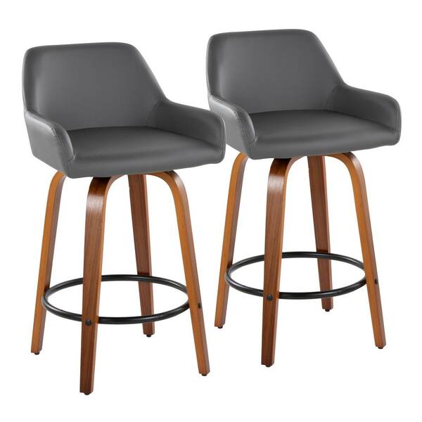 Lumisource Daniella 25.5 in. Grey Faux Leather, Walnut Wood and Black Metal Fixed-Height Counter Stool (Set of 2)