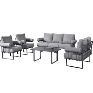 Teton Grand Gray 5-Piece Aluminum Outdoor Patio Conversation Set with Solid Gray Cushions