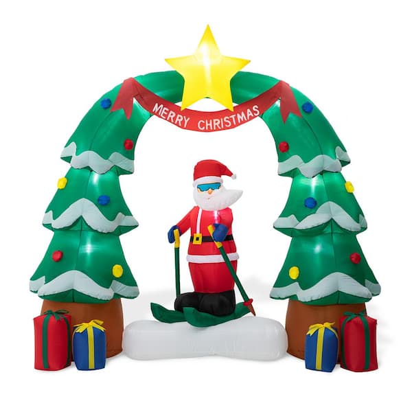 Glitzhome 7 ft Lighted Inflatable Santa Skiing under Tree Arch Decor