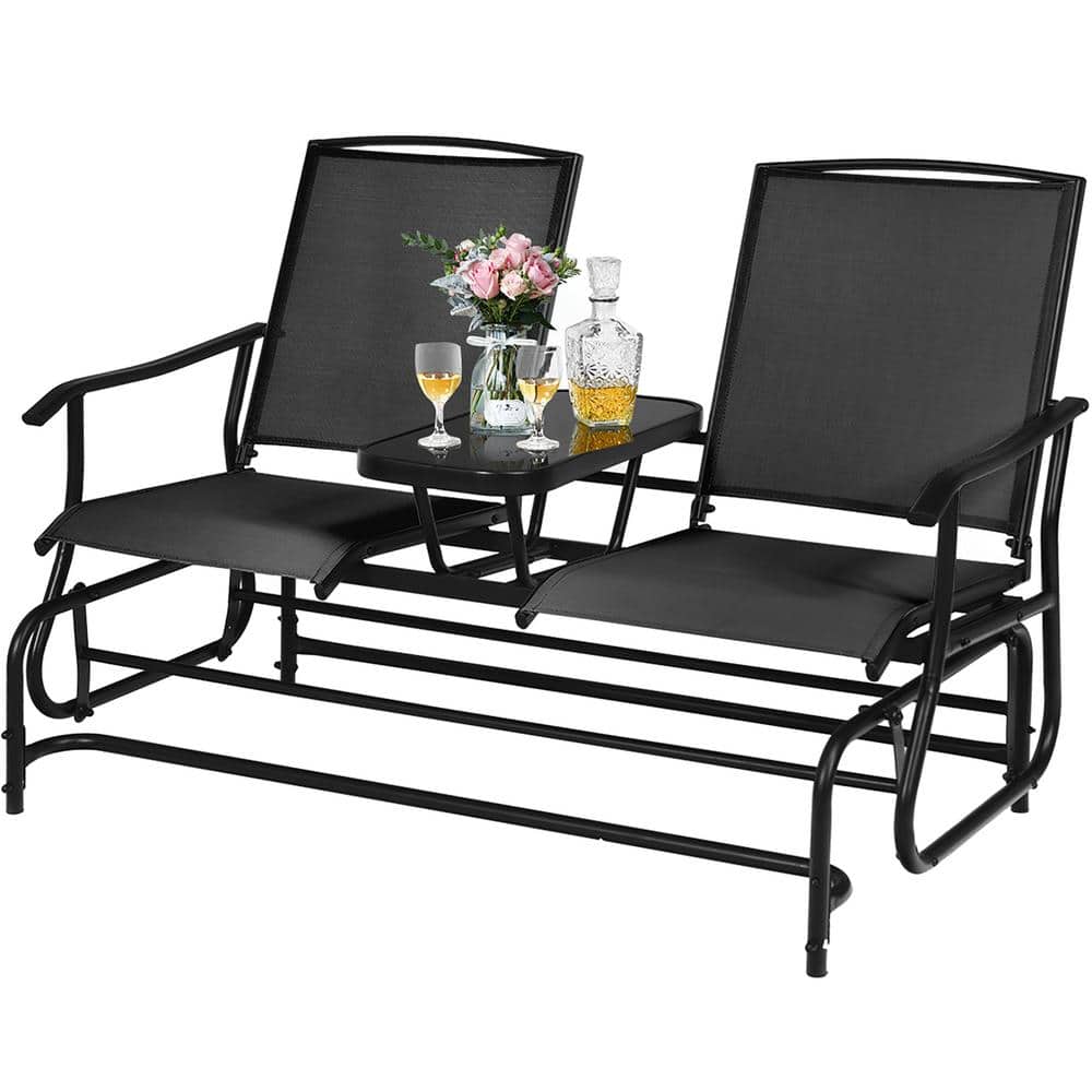 Black Steel Double Glider Loveseat with Tempered Glass Table