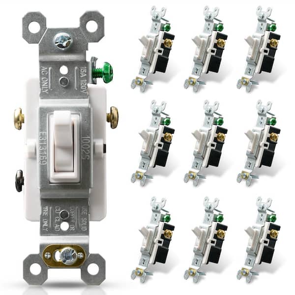 10 pc Single Pole 15A Toggle Switches WHITE 15 Amp Self Grounding Switch 