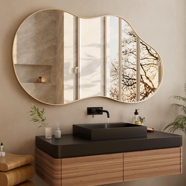 26 in. W x 46 in. H Abstract Wavy Irregular Aluminum Alloy Gold Framed Mirror Wall Mirror