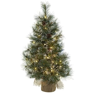 3 ft. Artificial Christmas Tree with Clear Lights, Frosted Tips, Pine Cones and Burlap Bag