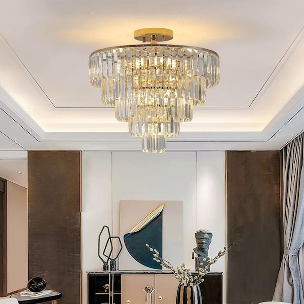 20 in. Semi Flush Mount Round 10-Light Chandelier with 5 Layers of