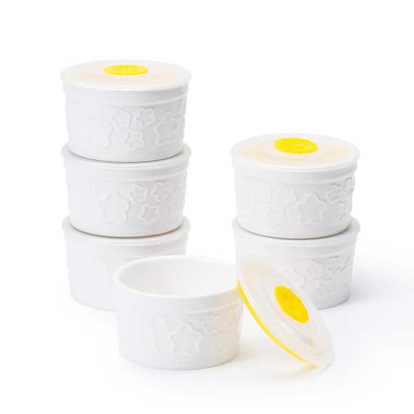 6-Piece Meteor Shape Porcelain Ramekin Set with Lids, White Creme Brulee Souffle Baking Dessert Cups