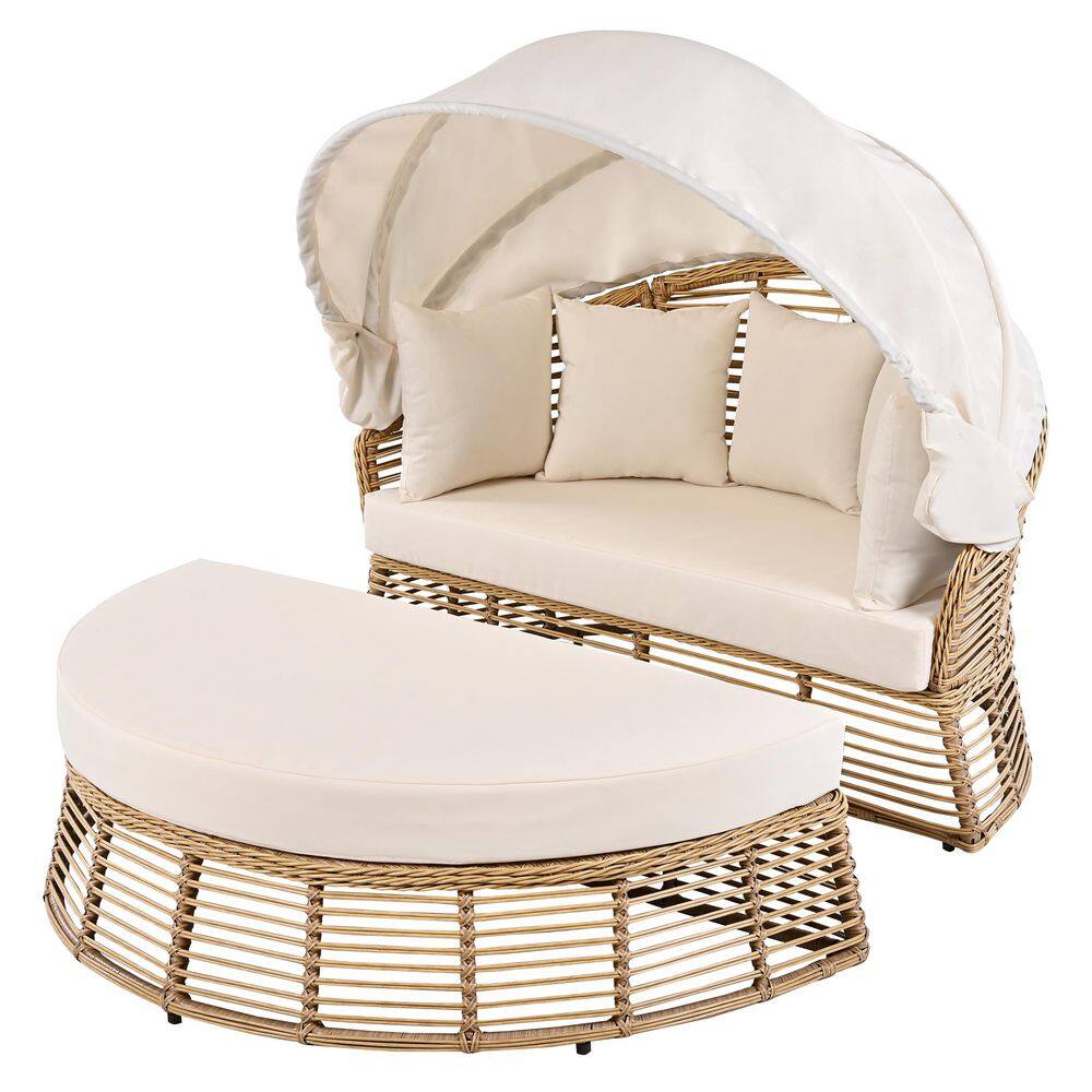 Yellow Wicker Outdoor Day Bed Round Poolside Sofa Sunbed with Retractable Canopy and Beige Cushion price history on PriceWatchPro