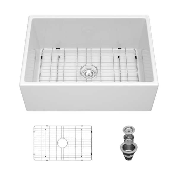 28 in. Undermount Single Bowl Round Corner White Porcelain Ceramic Kitchen Sink with Sink Grid and Basket Strainer