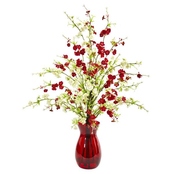 Nearly Natural Indoor Cherry Blossom Artificial Arrangement in Ruby Vase