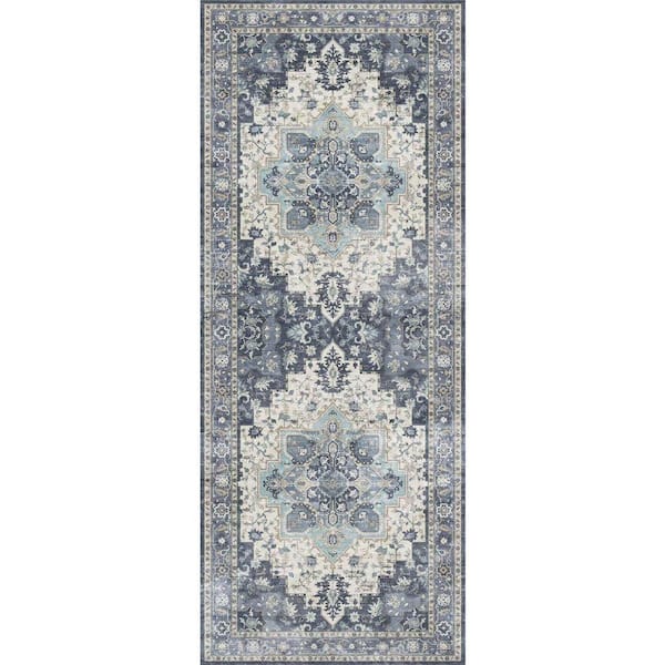 Medallion Navy Blue 2 ft. x 7 ft. Persian Area Rug