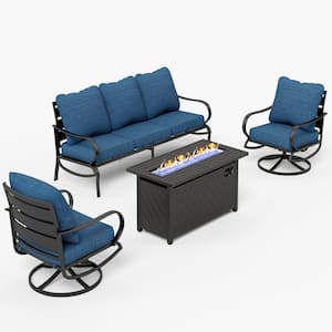 Metal 5 Seat 4-Piece Outdoor Patio Conversation Set with Peacock Blue Cushions Swivel Chairs Rectangular Fire Pit Table