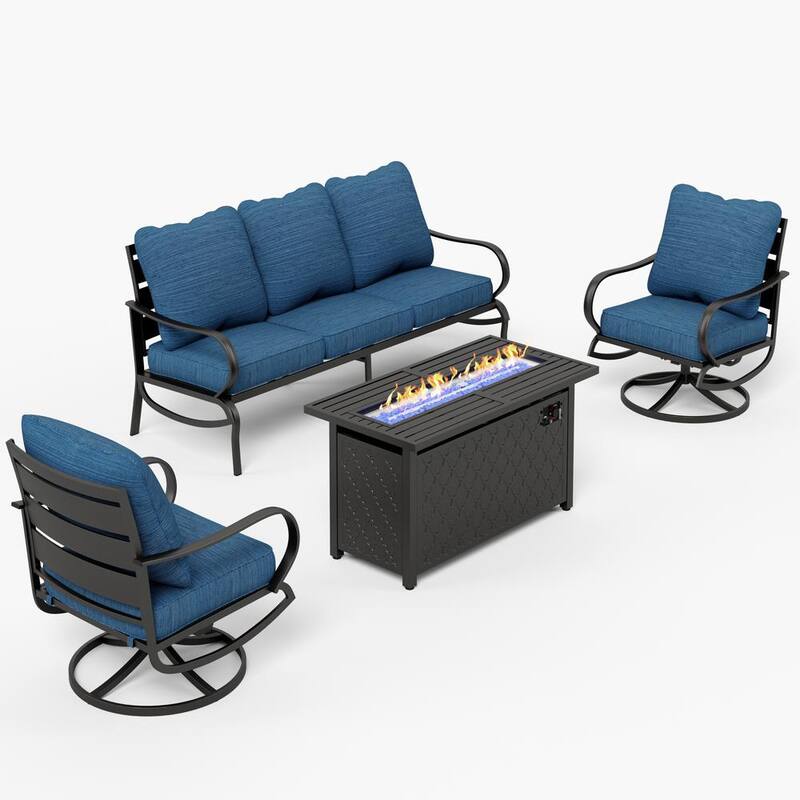 Metal 5 Seat 4-Piece Outdoor Patio Conversation Set with Peacock Blue Cushions Swivel Chairs Rectangular Fire Pit Table