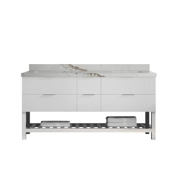 Willow Collections Catalina 72 in. W x 22 in. D x 36 in. H Double Sink Bath Vanity in White with 2 in. Calcutta Gold Qt. Top