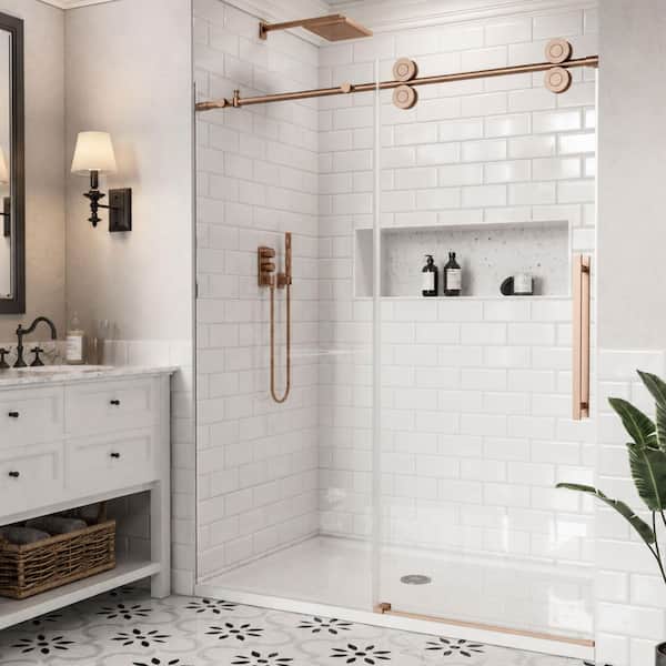 56 in.-60 in. W x 74 in. H Single Sliding Frameless Shower Door in Oil Rubbed Bronze with Tempered Clear Glass