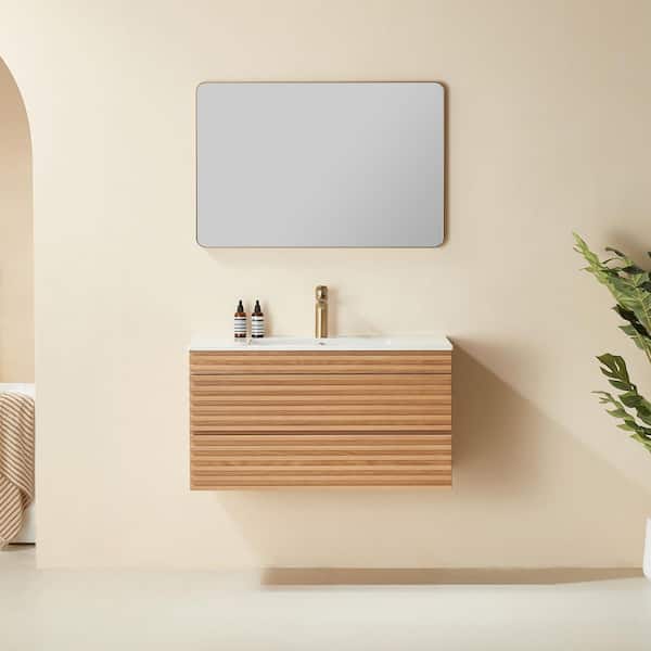 Vera 36 in. W x 18.3 in. D x 19.5 in. H Single Sink Floating Bath Vanity in Natural Walnut with White Ceramics Top