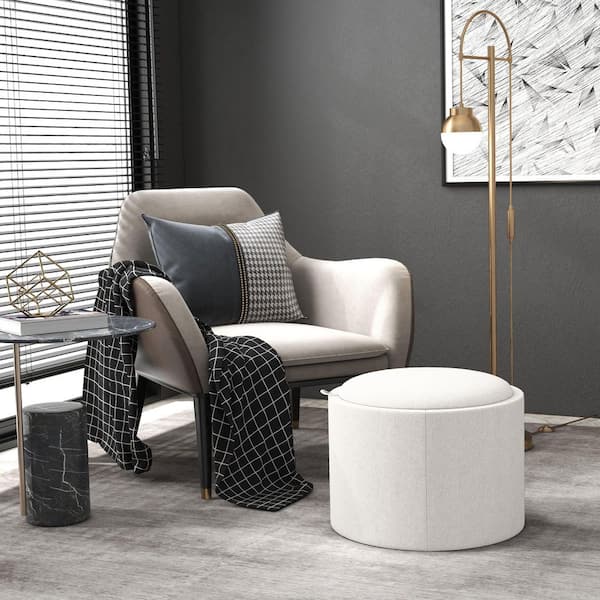 22 in. Wood Top Round Storage Ottoman with Flip Top Tray, Upholstered Fabric Foot Stool, Small Coffee Table, Cream White