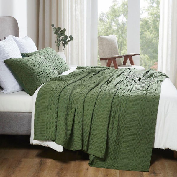 Waffle Weave Olive Green 100% Cotton Queen Blanket