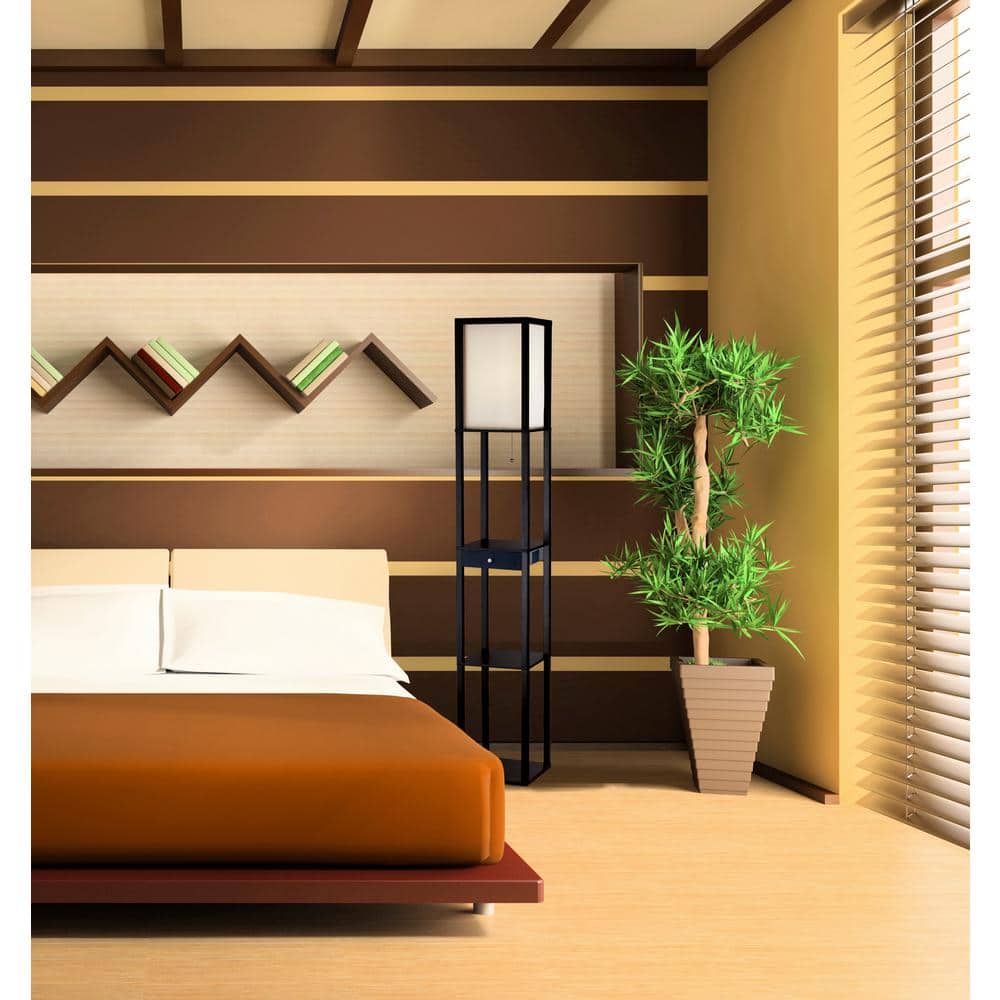 Black MDF Shelf Floor Lamp with Drawer and Lampshade
