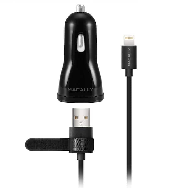 Macally Apple MFI Certified Car Charger with Lightning Cable and Cable Management for iPad/iPhone