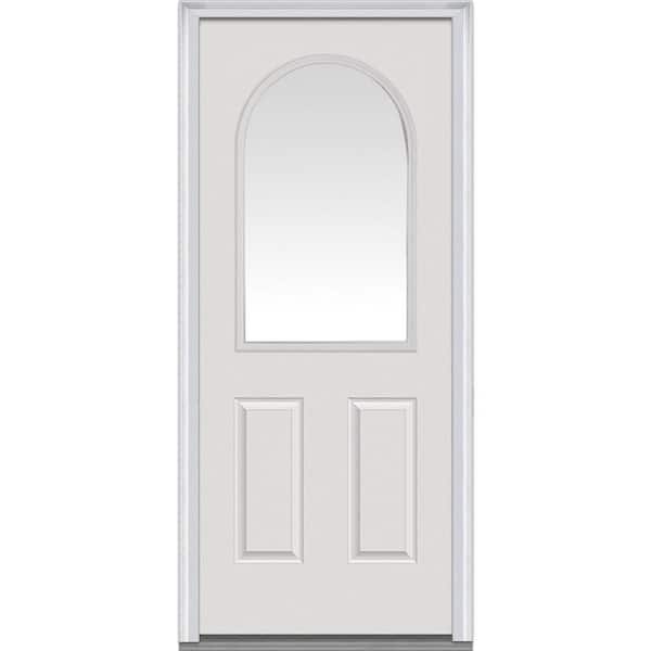MMI Door 34 in. x 80 in. Right-Hand Inswing 1/2-Lite Round Top Clear 2-Panel Classic Primed Fiberglass Smooth Prehung Front Door