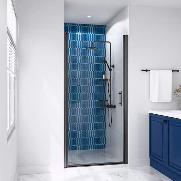 SHAAMA 24 - 25-3/8 in. W x 72 in. H Pivot Semi-Frameless Shower Door in Matte Black Finish with SGCC Certified Clear Glass