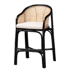 Miranda 23.5 in. Black and Natural Rattan Counter Stool with Fabric Seat