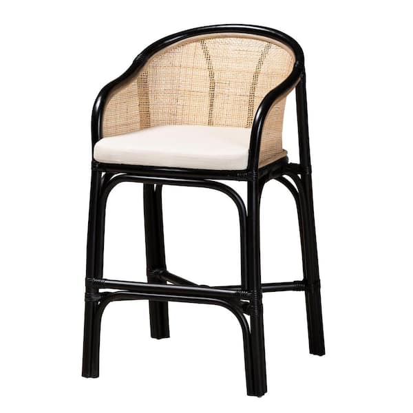 bali & pari Miranda 23.5 in. Black and Natural Rattan Counter Stool with Fabric Seat