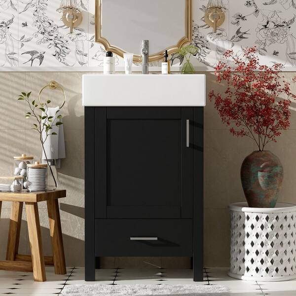 20 in. Freestanding Black Bath Vanity with White Ceramic Top, one Drawer and Door Bathroom Storage Cabinet Unassembled