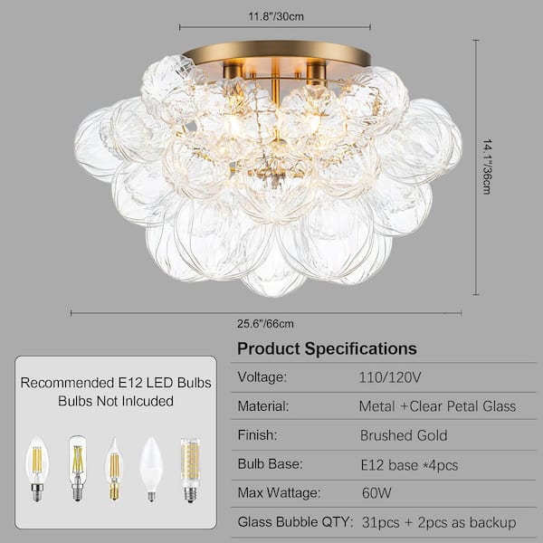 25.98 in. 4-Light Brushed Gold Industrial Semi-Flush Mount Modern Bubble Ceiling Light with Clear Petal Glass Shade