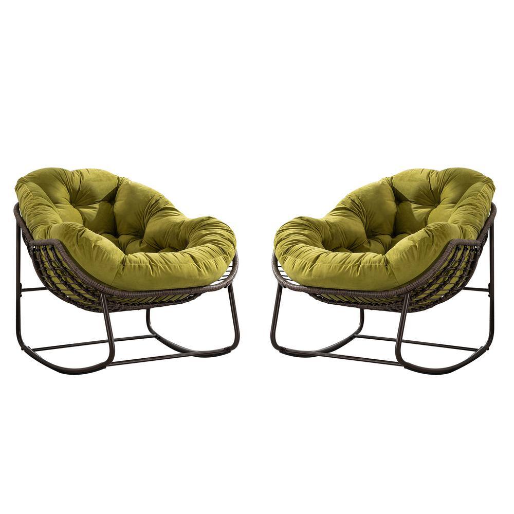 Metal Rattan Outdoor Rocking Chair Recliner Chair with Olive Green Cushion for Living Room, Patio, Garden (Set of 2) price history on PriceWatchPro